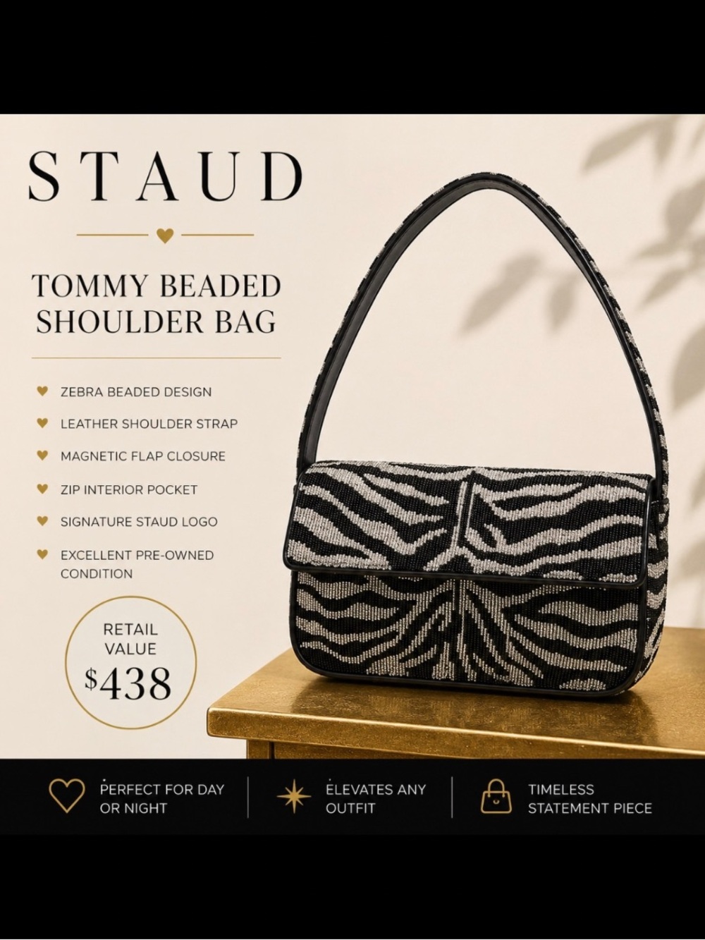 STAUD Tommy Zebra Beaded Shoulder Bag | Crystal Beaded Mini Bag